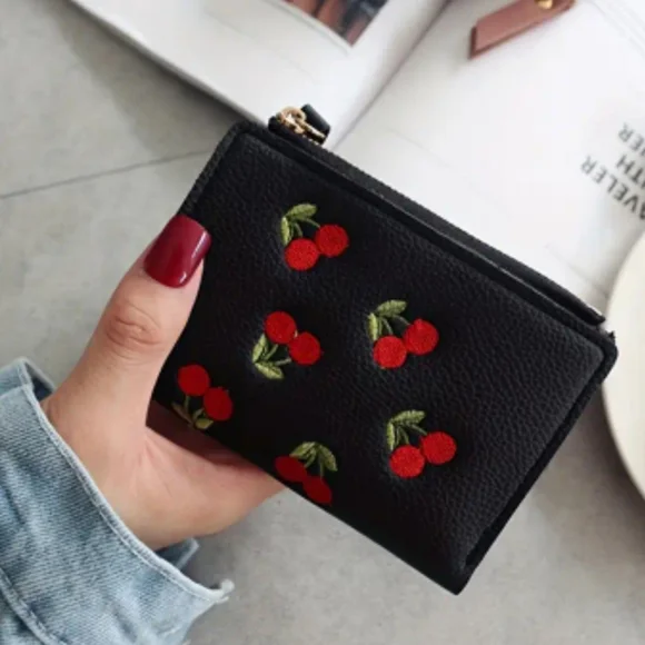🆕️ NWT Embroidered Cherries Black Wallet - Picture 1 of 3